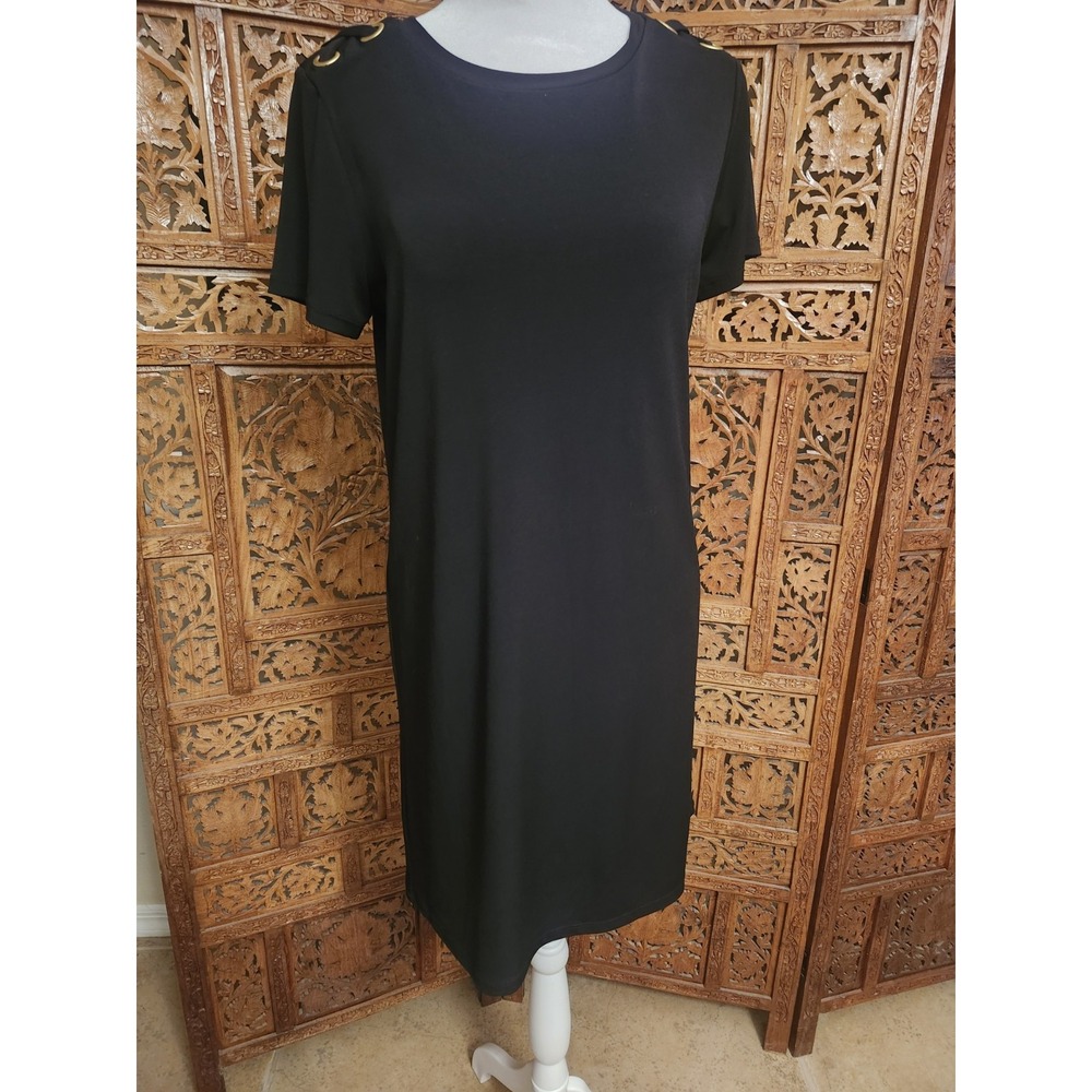 Michael Kors Black Midi Shift Dress S Polyester Gold Accents Short Sleeve